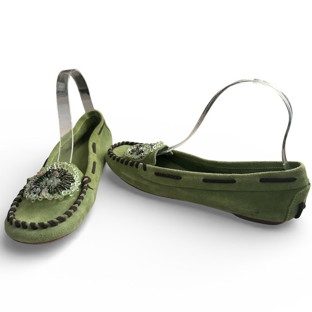 Patricia Green Suede Beaded Moccasin Flats Sz 39 Braided Slip On Green Embellish